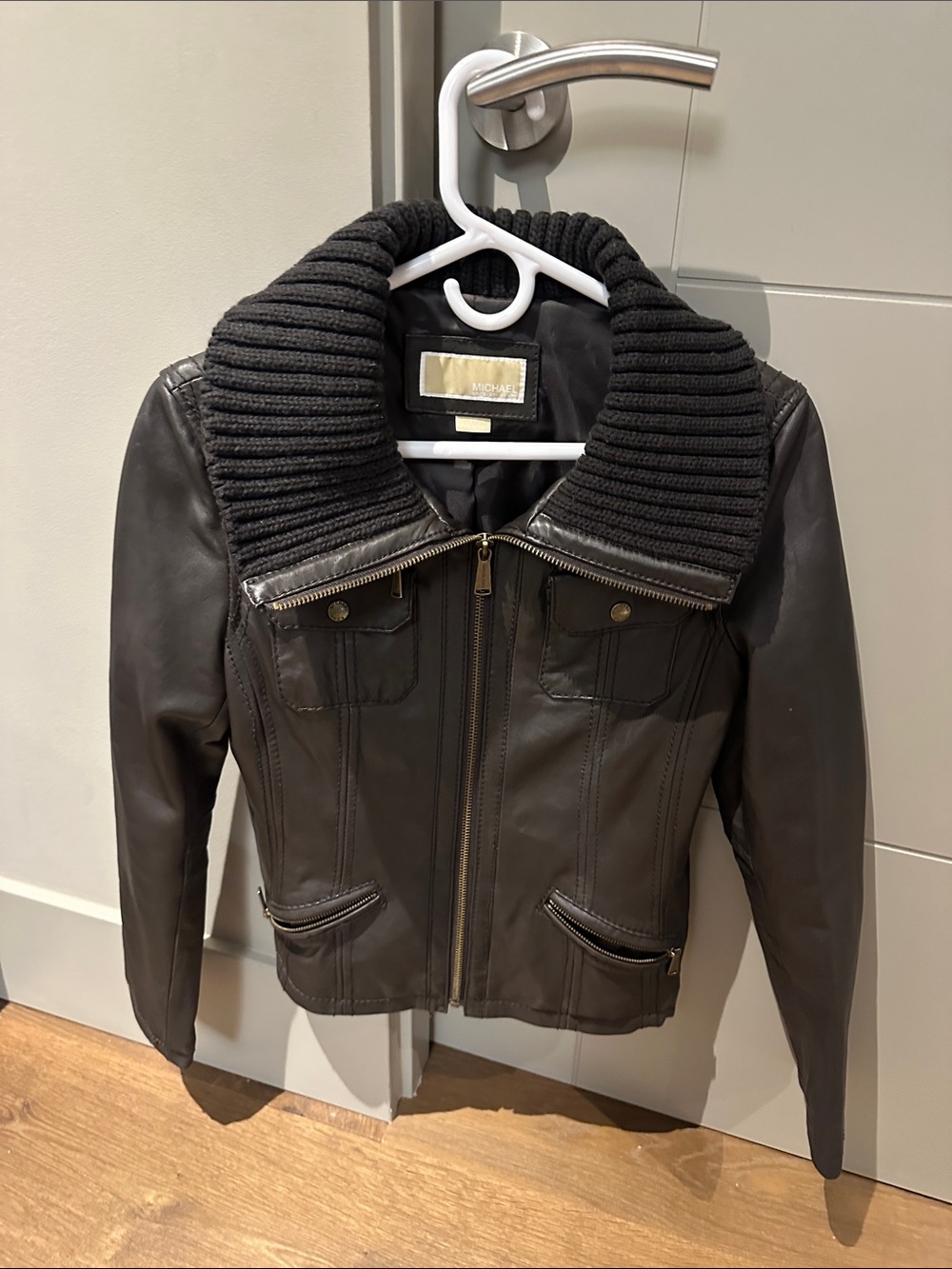 Michael Kors Black Leather Jacket with Ribbed Shawl Collar